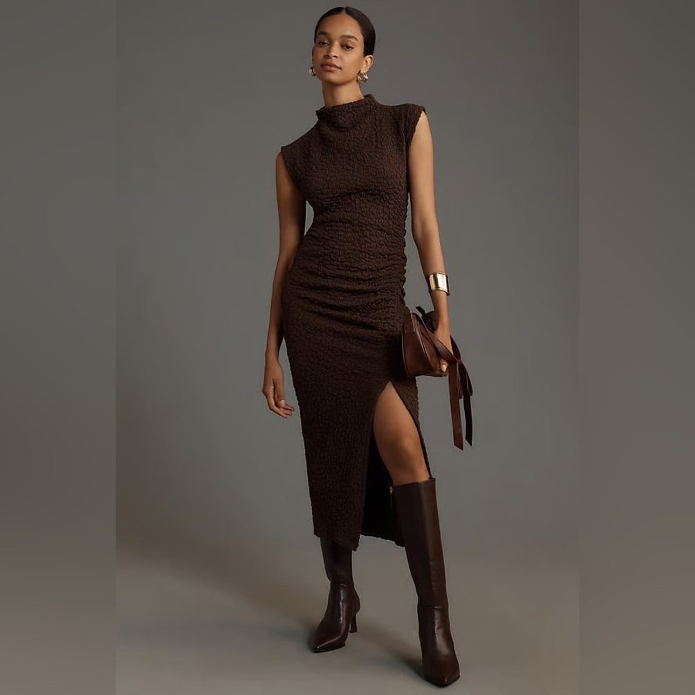 Anthropologie Brown Textured Sleeveless Midi Dress